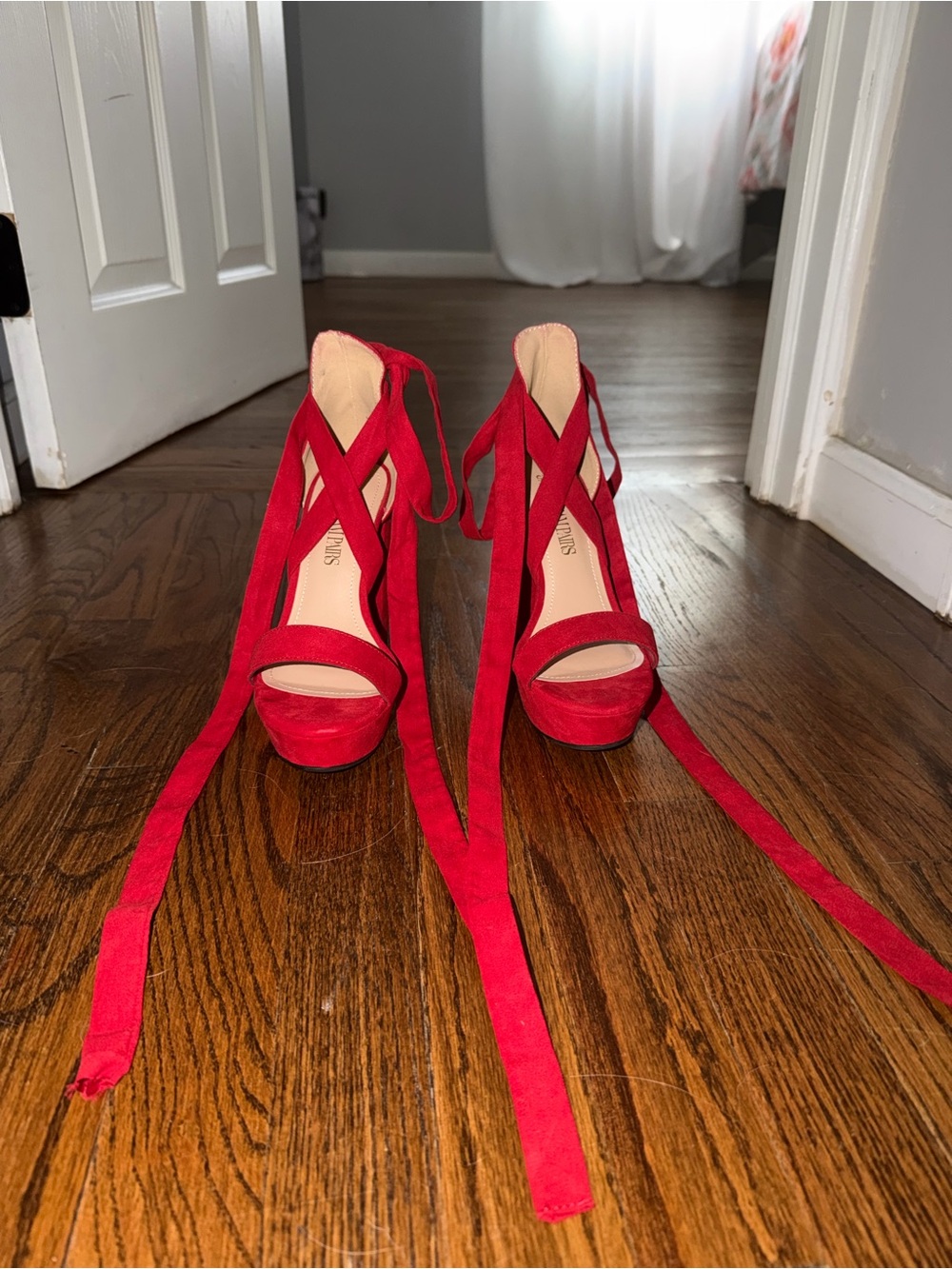 Amazon Red Suede Lace-Up Platform Sandals